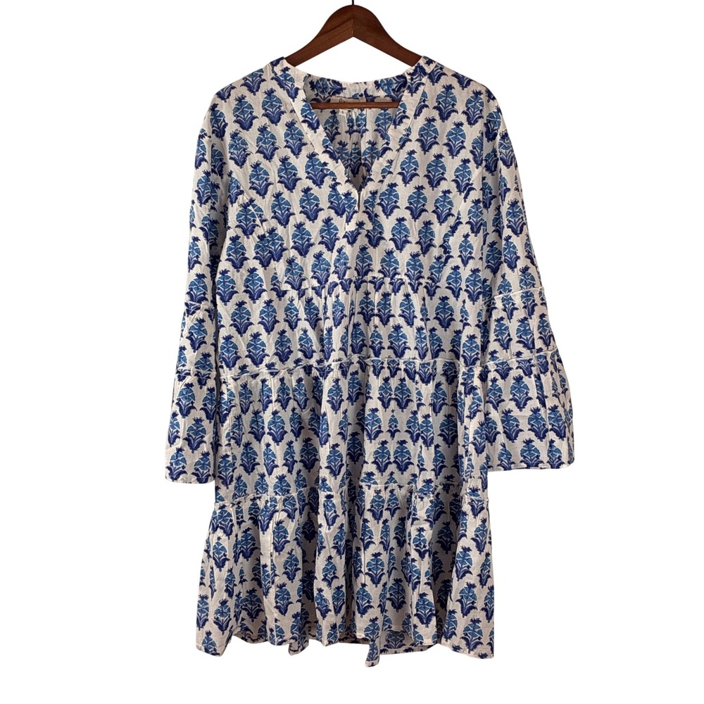 Gingy Mini Dress Tiered Ruffle White Blue Floral Block Print Cotton Boho Large